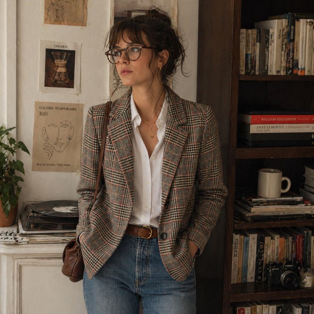 ZARA Sz XS Brown Houndstooth Scrunch Sleeves Blazer Preppy Single Button Jacket